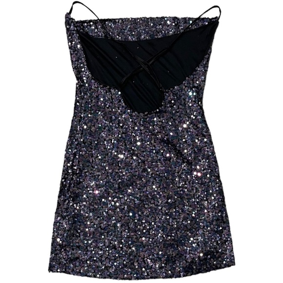 Lulu’s Shimmery Delight Iridescent Sequin Cowl Neck Mini Dress in Purple Size S - Picture 6 of 8